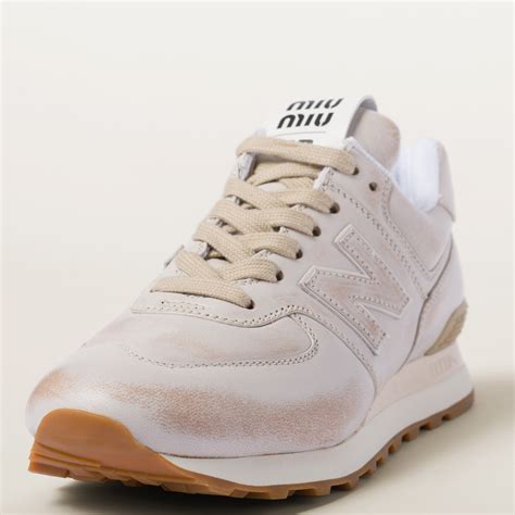 miu miu x new balance 574 vintage-effect nappa leather sneakers.|New Balance 574 x Miu Miu vintage.